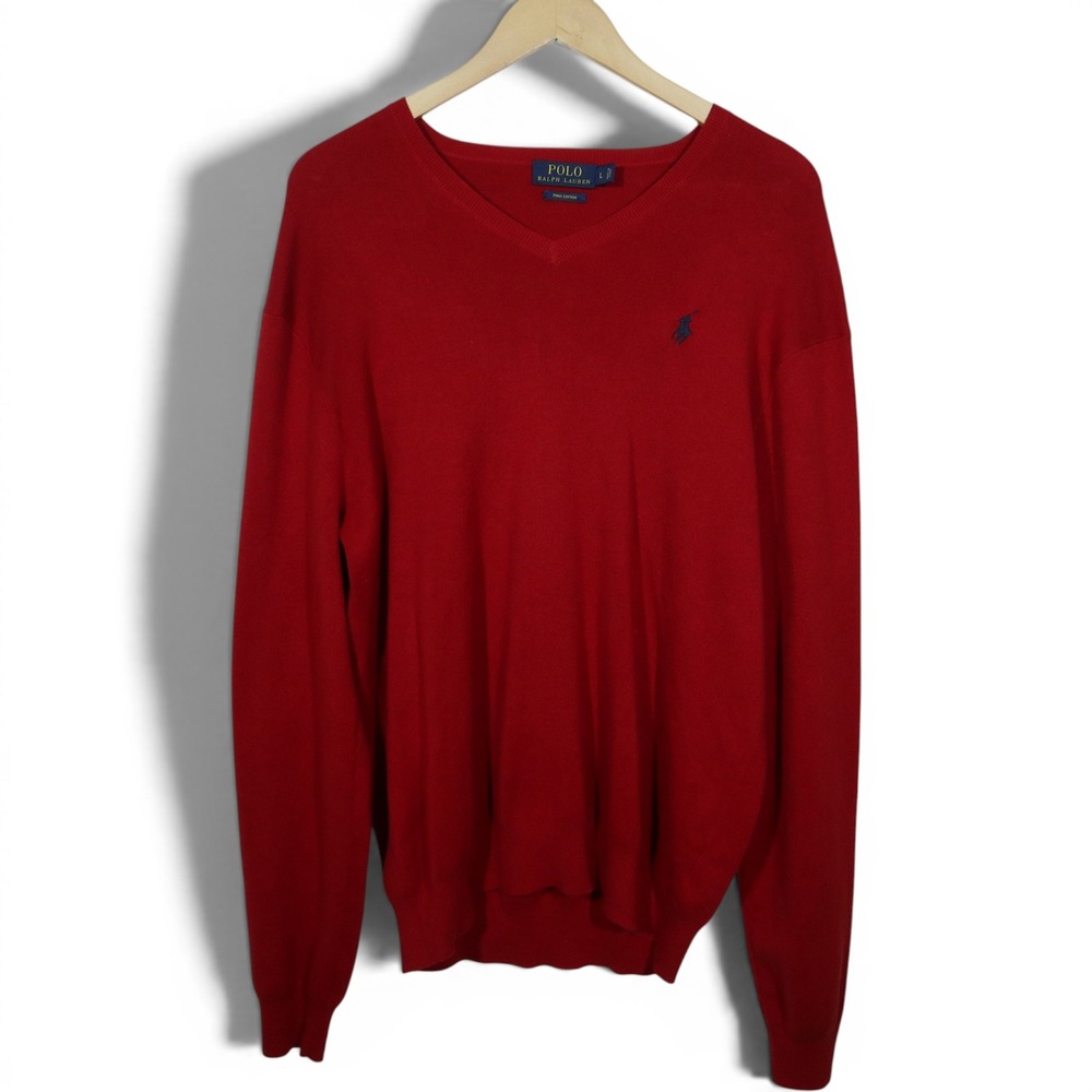Polo Ralph Lauren Sweater Large V-Neck Y2K Red Pima Cotton Pony Logo